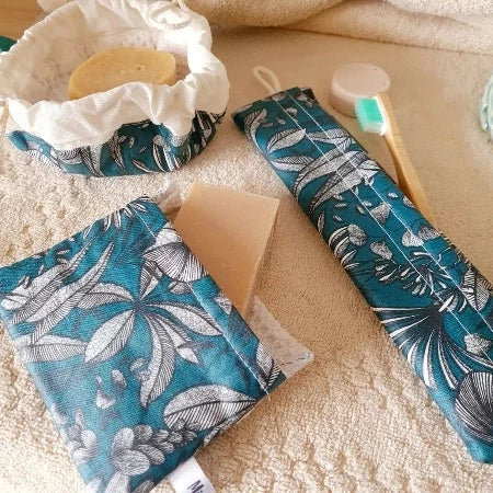 Combo Yucatan Océan : pochette savon, pochette brosse à dents, pochon cosmétiques