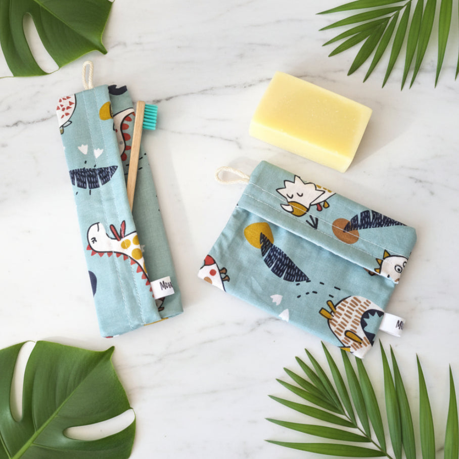 Pochette brosse à dents et pochette savon - dinosaures