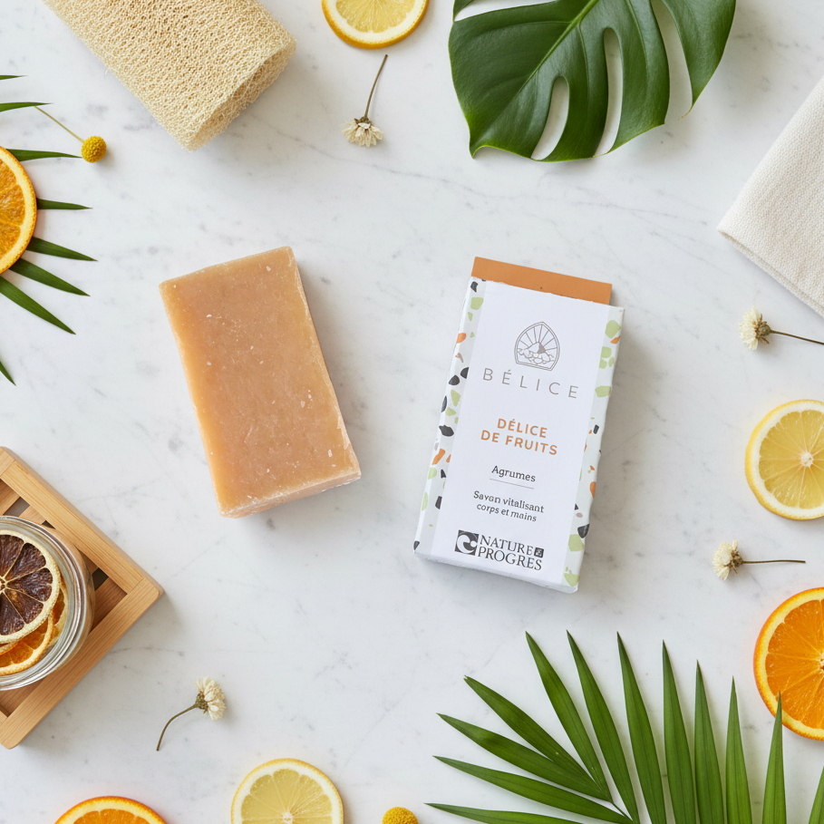 Savon saponifié à froid bio - Délice de fruits aux notes d'agrumes - Bélice cosmétiques. Nature et progrès. Slow cosmétique. sans huile de palme