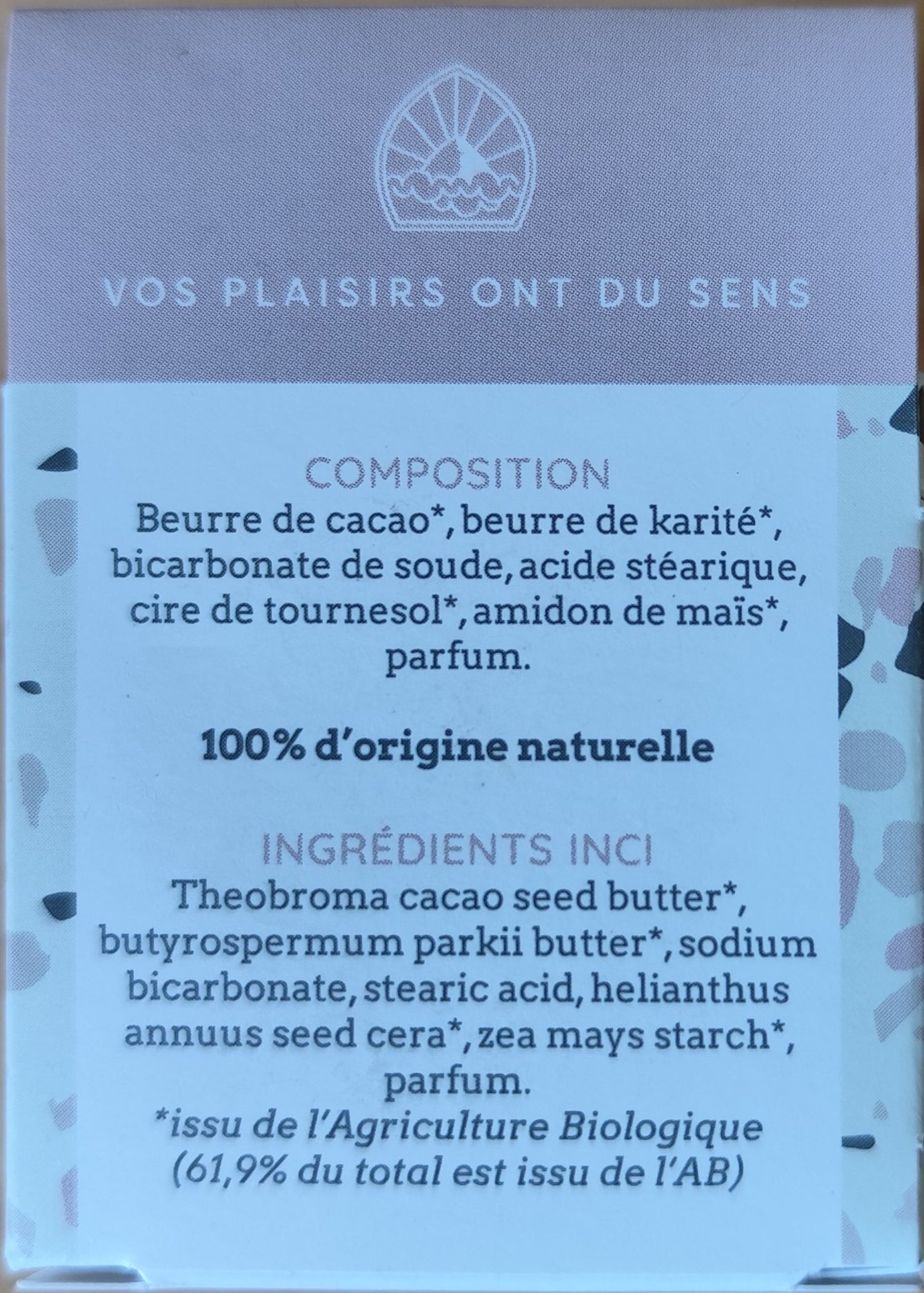 Ingrédients déodorant solide bio Matin d'été Bélice cosmétique. 