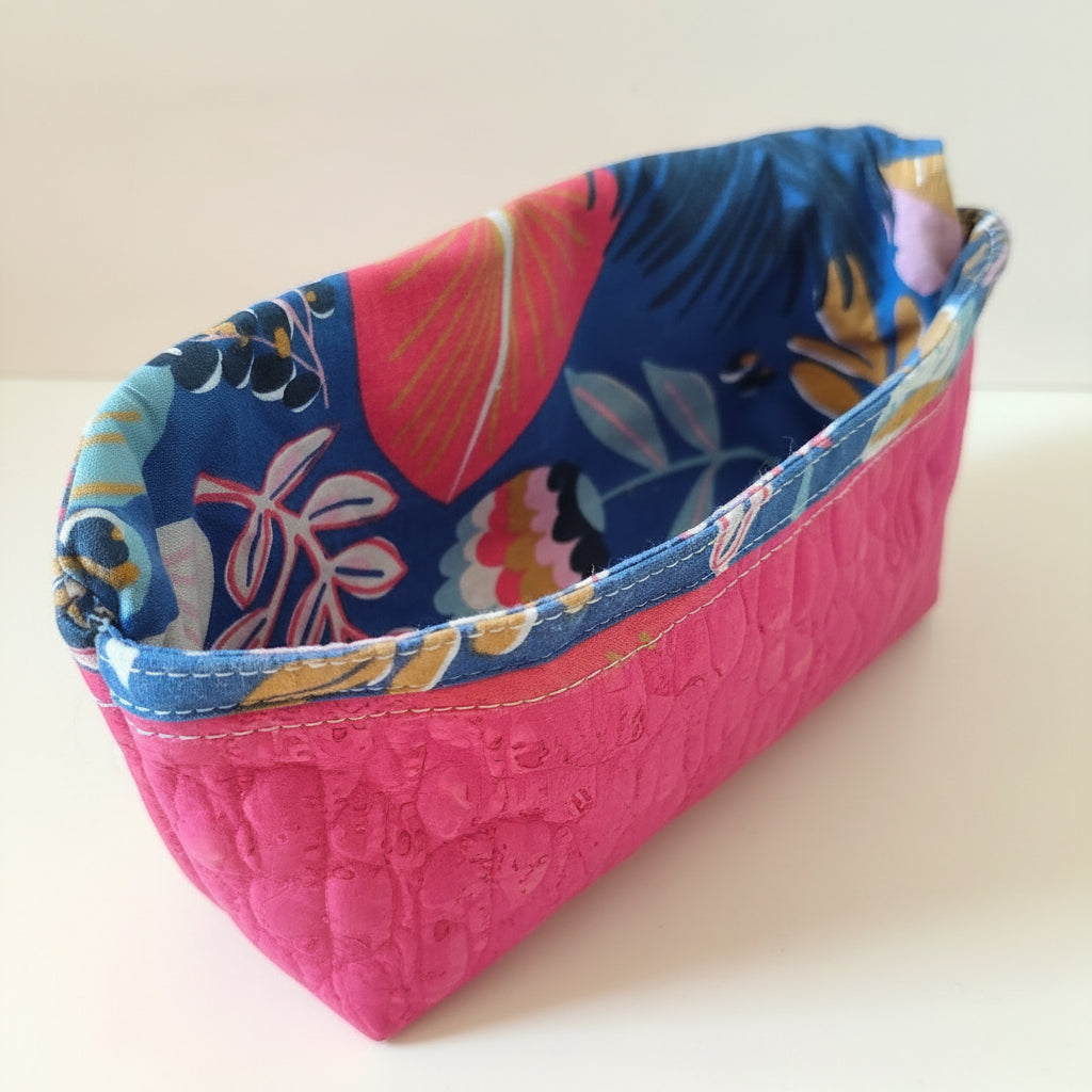 Étui-trousse multifonction en simili cuir et coton avec liseré doré élégant - Fushia  / Tropical bleu  Inferieur