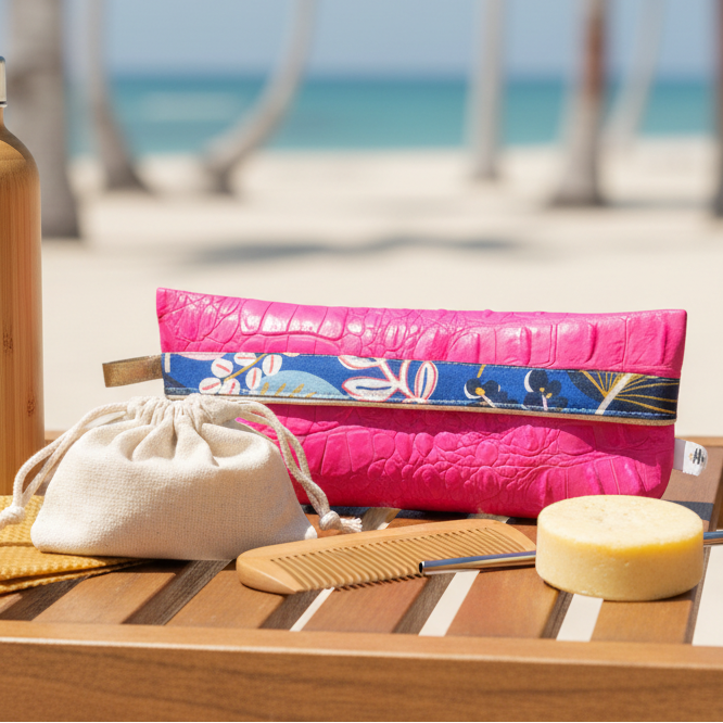 Étui-trousse multifonction en simili cuir et coton avec liseré doré élégant - Fushia  / Tropical bleu | MissGreen