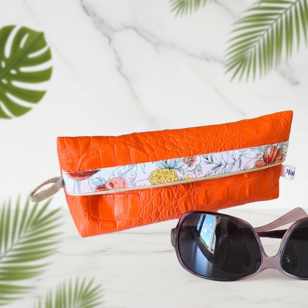 Étui-trousse multifonction en simili cuir et coton avec liseré doré élégant - Orange  / Hibiscus | MissGreen