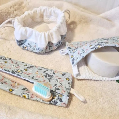 Compbo Flora turquoise : pochette savon, pochette brosse à dents, pochon pour cosmetiques