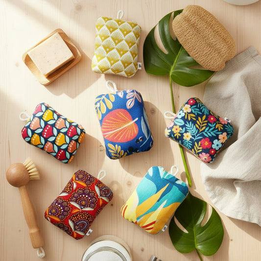 Collection éponge lavable réutilisable multicolore fait main avec cordon de séchage