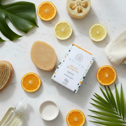 Shampoing solide bio Délice de Fruits aux huiles essentielles d'agrumes pour cheveux gras