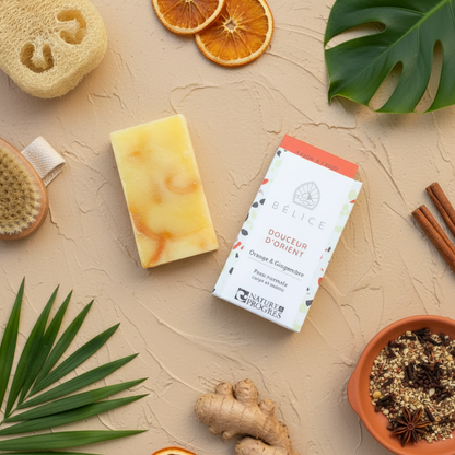 Savon saponifié à froid bio - aux notes d'agrumes et de gingembre - Bélice cosmétiques. Nature et progrès. Slow cosmétique sans huile de palme